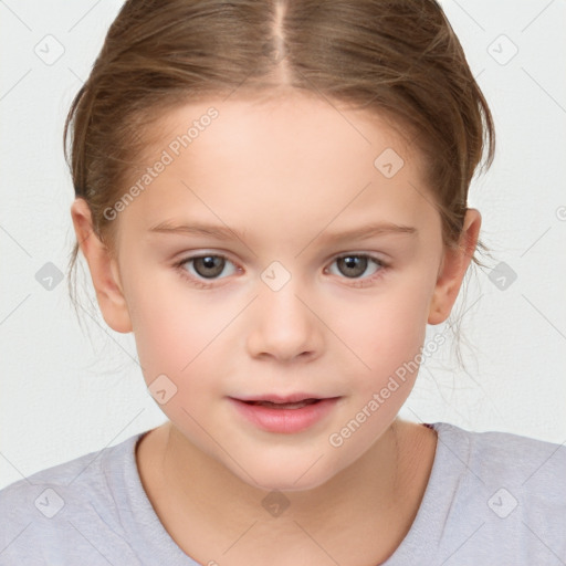 Joyful white child female with medium  brown hair and brown eyes