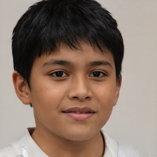 Joyful asian child female with short  brown hair and brown eyes