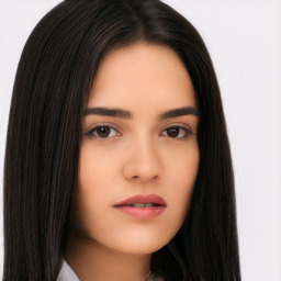 Neutral asian young-adult female with long  black hair and brown eyes