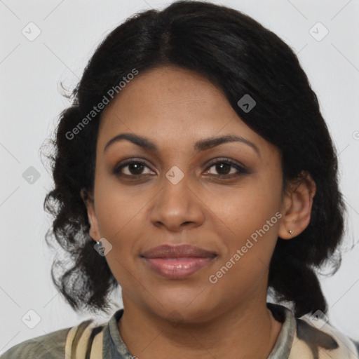 Joyful black young-adult female with medium  black hair and brown eyes