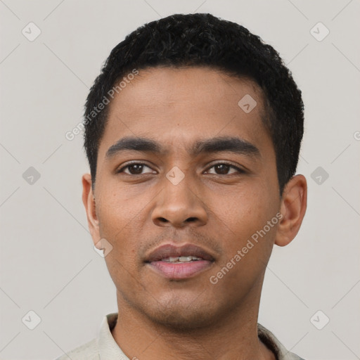 Neutral latino young-adult male with short  black hair and brown eyes