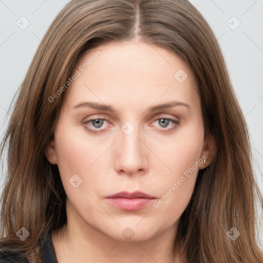 Neutral white young-adult female with long  brown hair and grey eyes