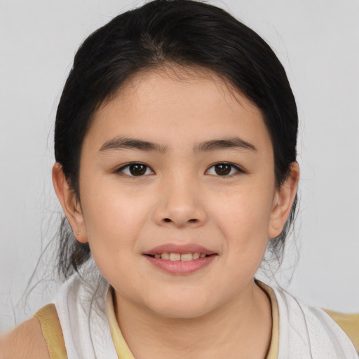 Joyful asian child female with medium  brown hair and brown eyes