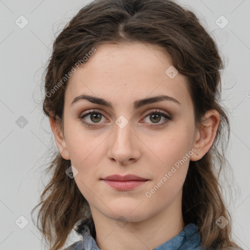 Neutral white young-adult female with medium  brown hair and brown eyes