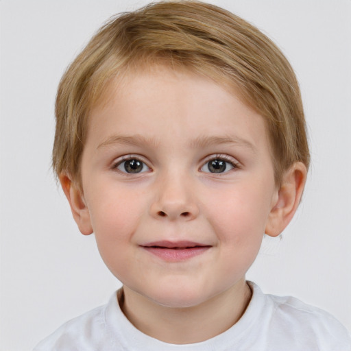 Joyful white child female with short  brown hair and grey eyes