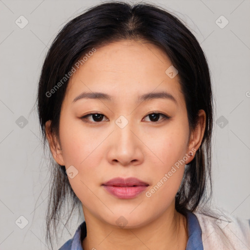 Neutral asian young-adult female with medium  black hair and brown eyes