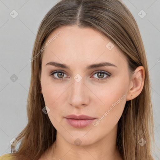 Neutral white young-adult female with long  brown hair and brown eyes