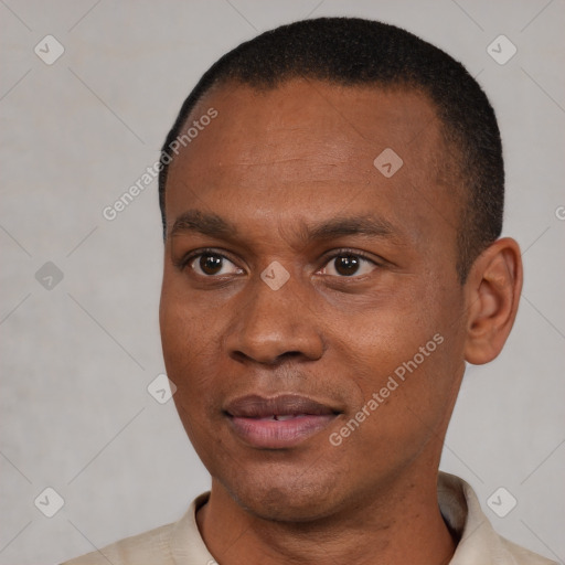 Joyful black adult male with short  black hair and brown eyes
