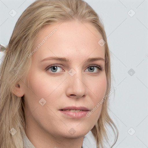 Joyful white young-adult female with long  brown hair and blue eyes