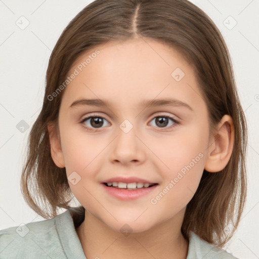 Joyful white child female with medium  brown hair and brown eyes