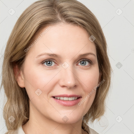 Joyful white young-adult female with medium  brown hair and green eyes