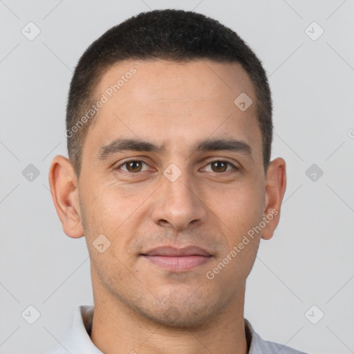 Joyful white young-adult male with short  brown hair and brown eyes