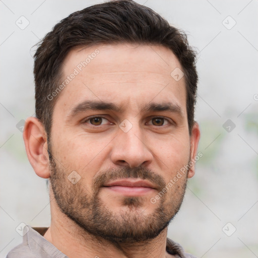 Neutral white young-adult male with short  brown hair and brown eyes