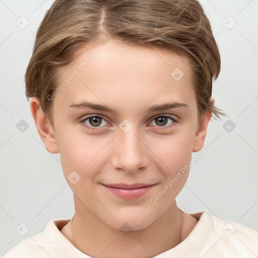 Joyful white child female with short  brown hair and brown eyes