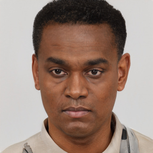 Neutral black young-adult male with short  black hair and brown eyes