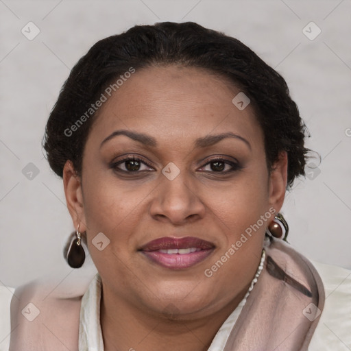 Joyful latino young-adult female with short  brown hair and brown eyes
