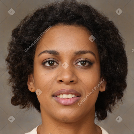 Joyful black young-adult female with medium  brown hair and brown eyes