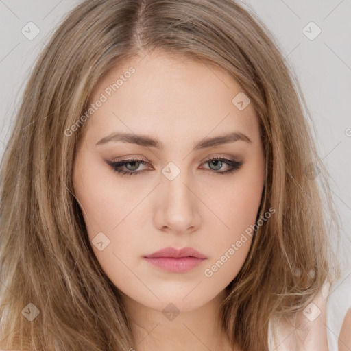 Neutral white young-adult female with long  brown hair and brown eyes