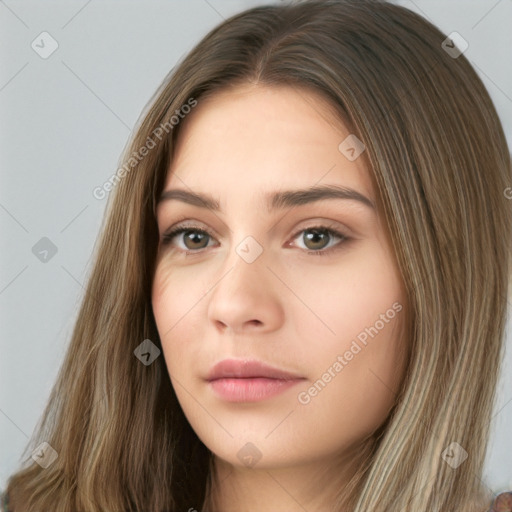 Neutral white young-adult female with long  brown hair and brown eyes