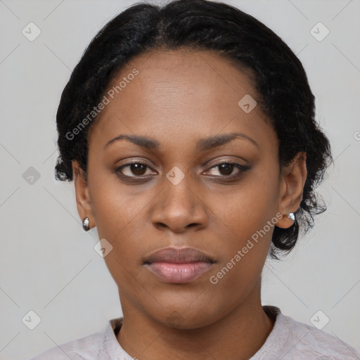 Neutral black young-adult female with short  black hair and brown eyes