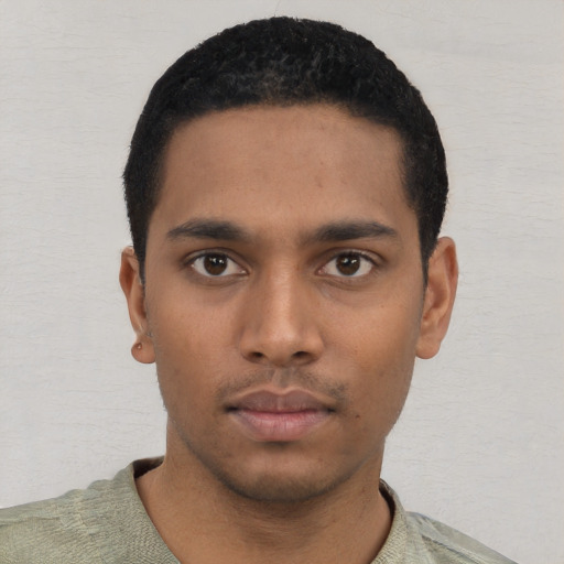 Neutral black young-adult male with short  black hair and brown eyes