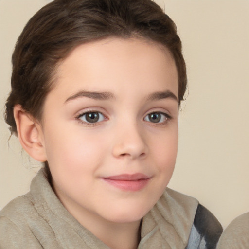 Joyful white child female with medium  brown hair and brown eyes