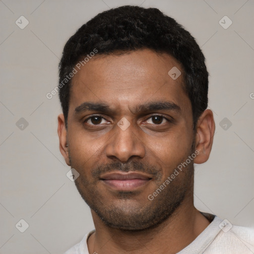 Neutral black young-adult male with short  black hair and brown eyes