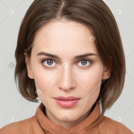 Neutral white young-adult female with medium  brown hair and brown eyes