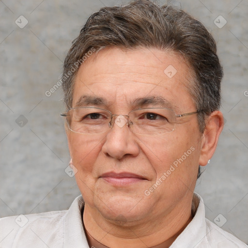 Joyful white middle-aged male with short  brown hair and brown eyes