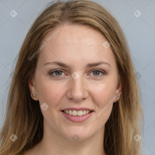 Joyful white young-adult female with long  brown hair and grey eyes