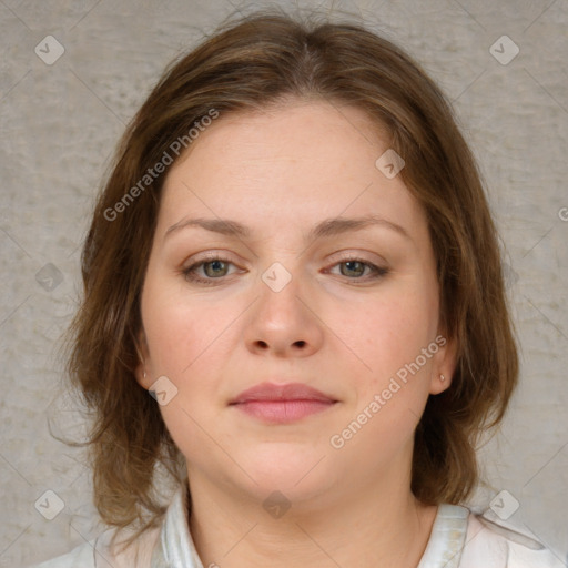 Neutral white young-adult female with medium  brown hair and grey eyes