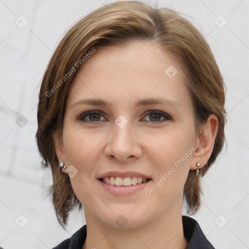 Joyful white young-adult female with medium  brown hair and grey eyes