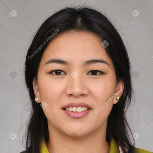 Joyful asian young-adult female with long  brown hair and brown eyes