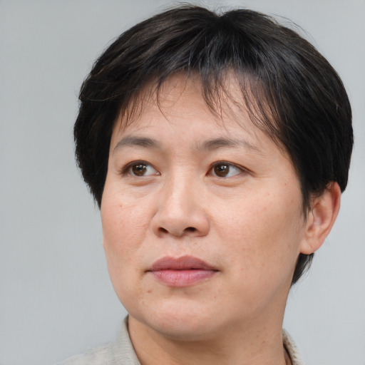 Joyful asian adult female with medium  brown hair and brown eyes