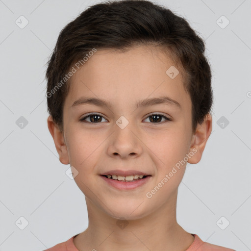 Joyful white child female with short  brown hair and brown eyes