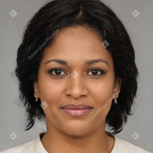 Joyful black young-adult female with medium  brown hair and brown eyes