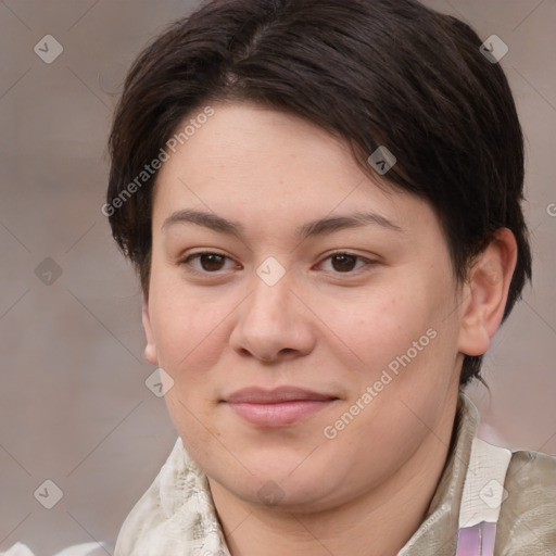 Joyful white young-adult female with medium  brown hair and brown eyes