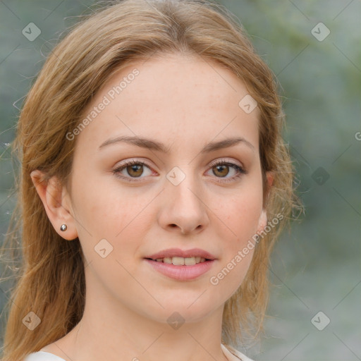 Joyful white young-adult female with medium  brown hair and green eyes