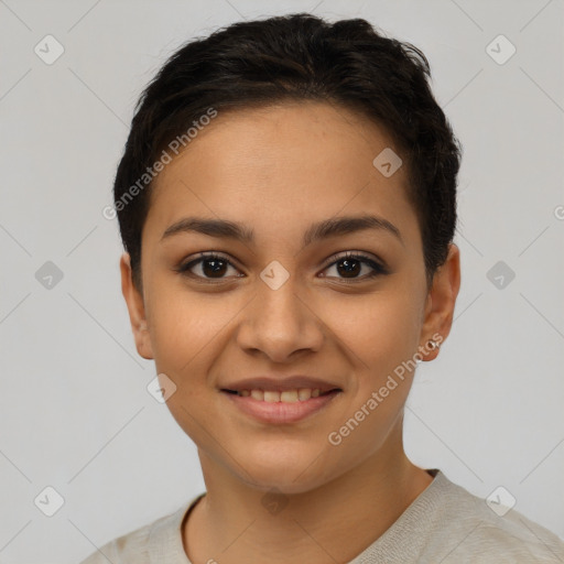 Joyful latino young-adult female with short  brown hair and brown eyes