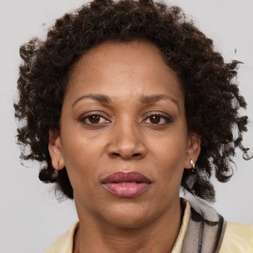 Joyful black adult female with short  brown hair and brown eyes