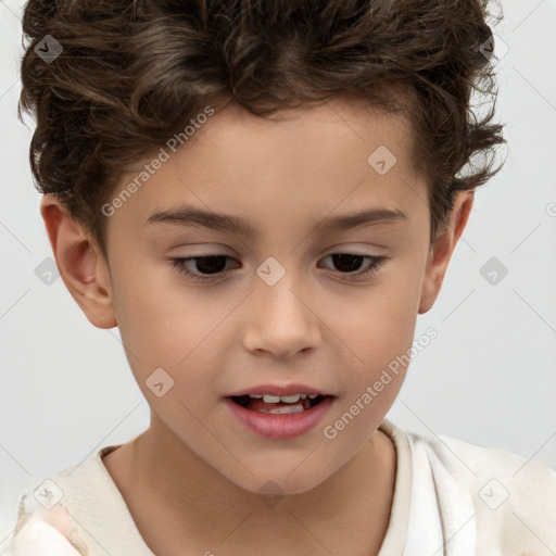 Joyful white child female with short  brown hair and brown eyes