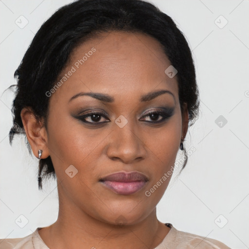 Joyful latino young-adult female with medium  black hair and brown eyes