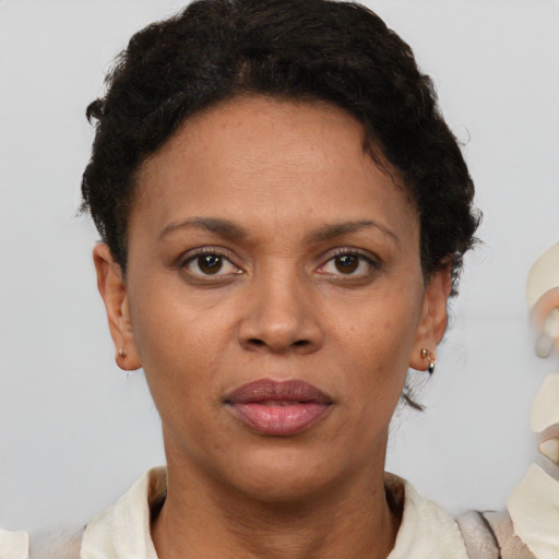 Joyful black adult female with short  brown hair and brown eyes