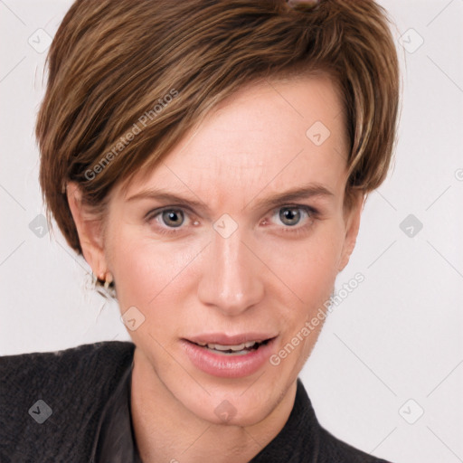 Joyful white young-adult female with short  brown hair and grey eyes