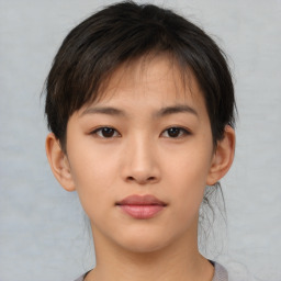 Neutral asian young-adult female with short  brown hair and brown eyes