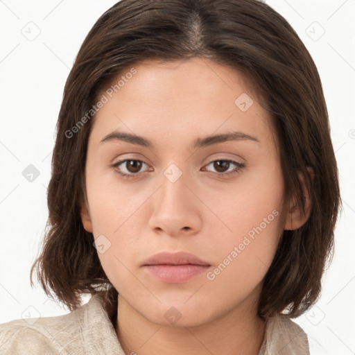 Neutral white young-adult female with medium  brown hair and brown eyes