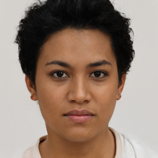 Neutral latino young-adult female with short  black hair and brown eyes