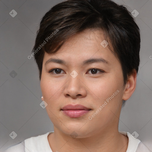 Joyful asian young-adult female with short  brown hair and brown eyes