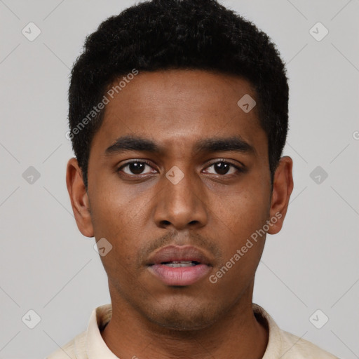 Neutral black young-adult male with short  black hair and brown eyes