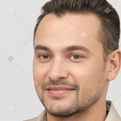 Joyful white young-adult male with short  brown hair and brown eyes